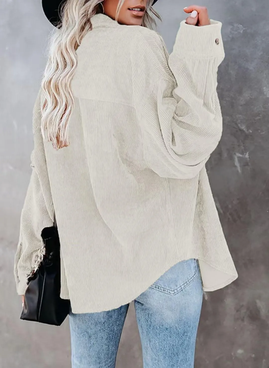 Corduroy Button Down Shirts for Women Boyfriend Long Sleeve Pocket Oversized Blouses Tops