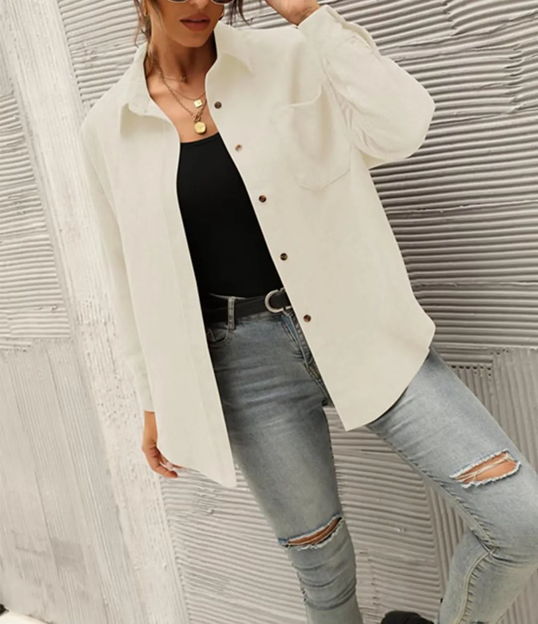 Corduroy Button Down Shirts for Women Boyfriend Long Sleeve Pocket Oversized Blouses Tops