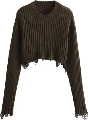 CORIRESHA Women's Trendy Cropped Distressed Sweater Solid Crewneck Long Sleeve Rib Knit Top