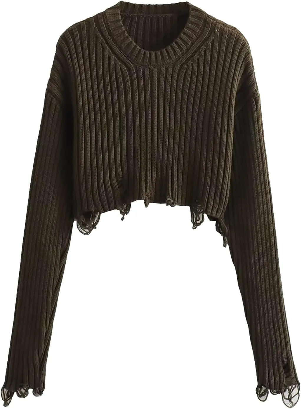 CORIRESHA Women's Trendy Cropped Distressed Sweater Solid Crewneck Long Sleeve Rib Knit Top