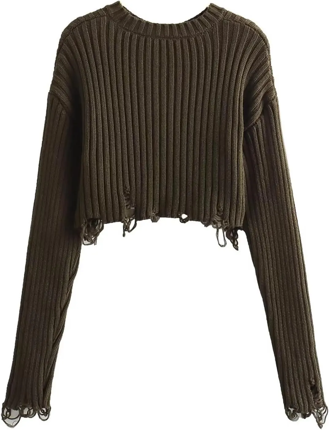 CORIRESHA Women's Trendy Cropped Distressed Sweater Solid Crewneck Long Sleeve Rib Knit Top