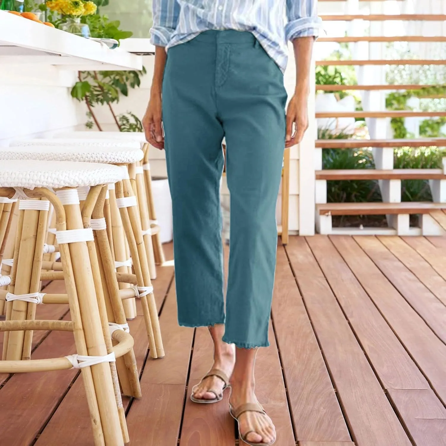 Cotton Linen Cropped Pants Women Straight Leg Capris Summer Business Casual Work Pants Ankle Length Chino Trousers