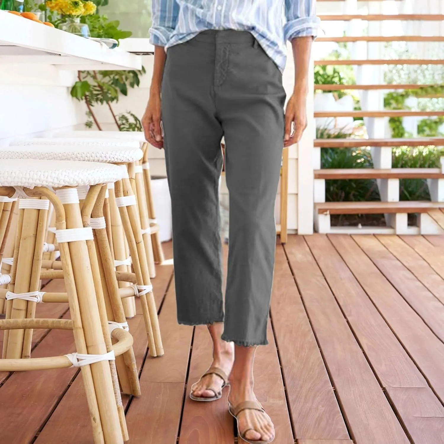 Cotton Linen Cropped Pants Women Straight Leg Capris Summer Business Casual Work Pants Ankle Length Chino Trousers