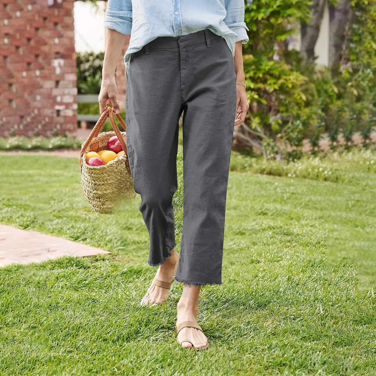 Cotton Linen Cropped Pants Women Straight Leg Capris Summer Business Casual Work Pants Ankle Length Chino Trousers