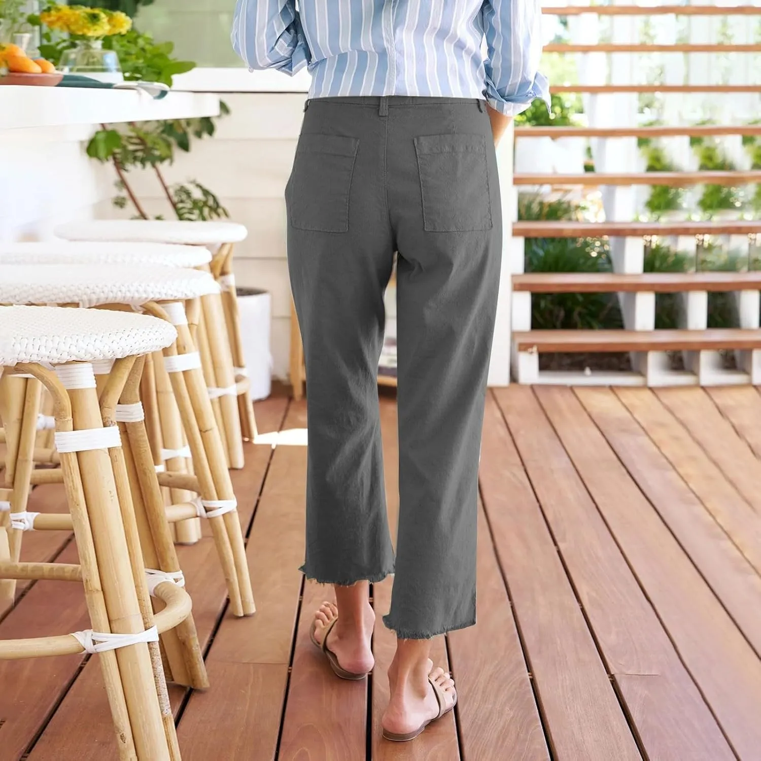 Cotton Linen Cropped Pants Women Straight Leg Capris Summer Business Casual Work Pants Ankle Length Chino Trousers