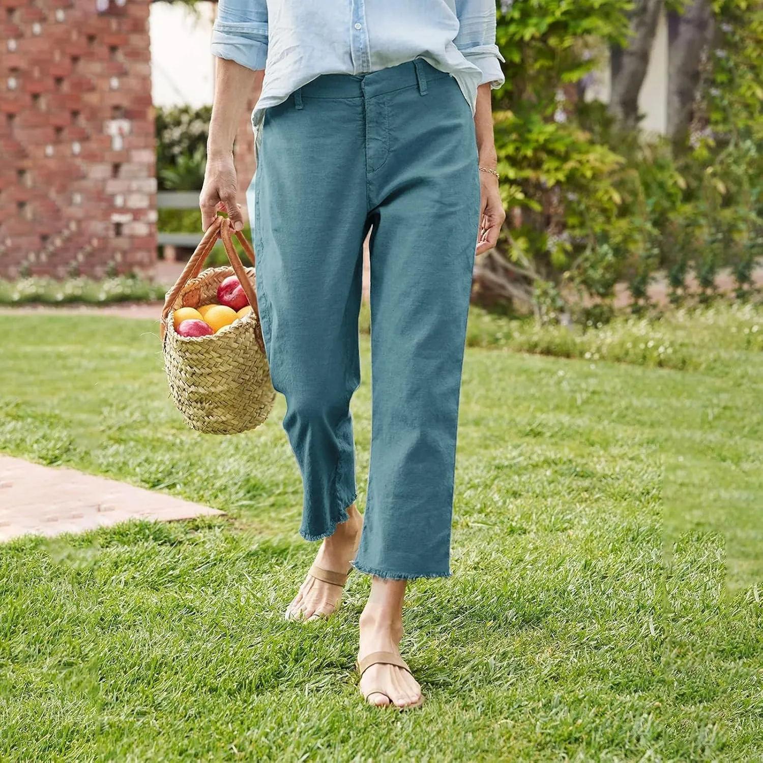 Cotton Linen Cropped Pants Women Straight Leg Capris Summer Business Casual Work Pants Ankle Length Chino Trousers