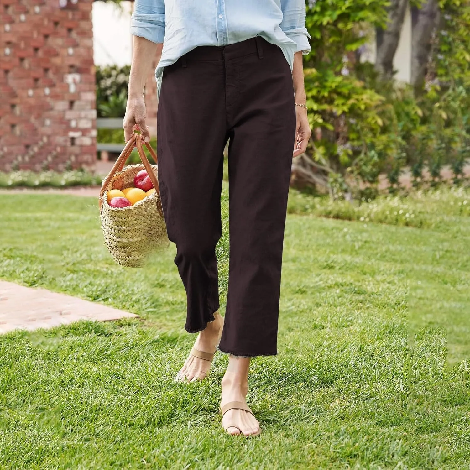 Cotton Linen Cropped Pants Women Straight Leg Capris Summer Business Casual Work Pants Ankle Length Chino Trousers
