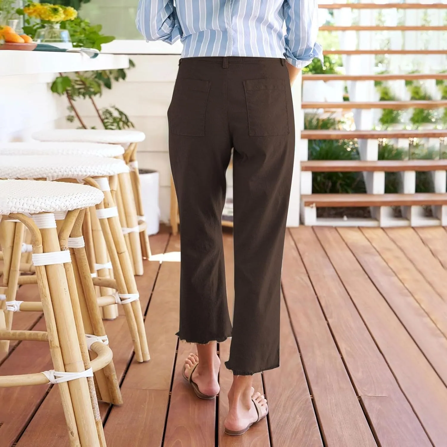 Cotton Linen Cropped Pants Women Straight Leg Capris Summer Business Casual Work Pants Ankle Length Chino Trousers