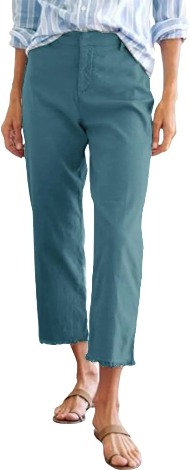 Cotton Linen Cropped Pants Women Straight Leg Capris Summer Business Casual Work Pants Ankle Length Chino Trousers