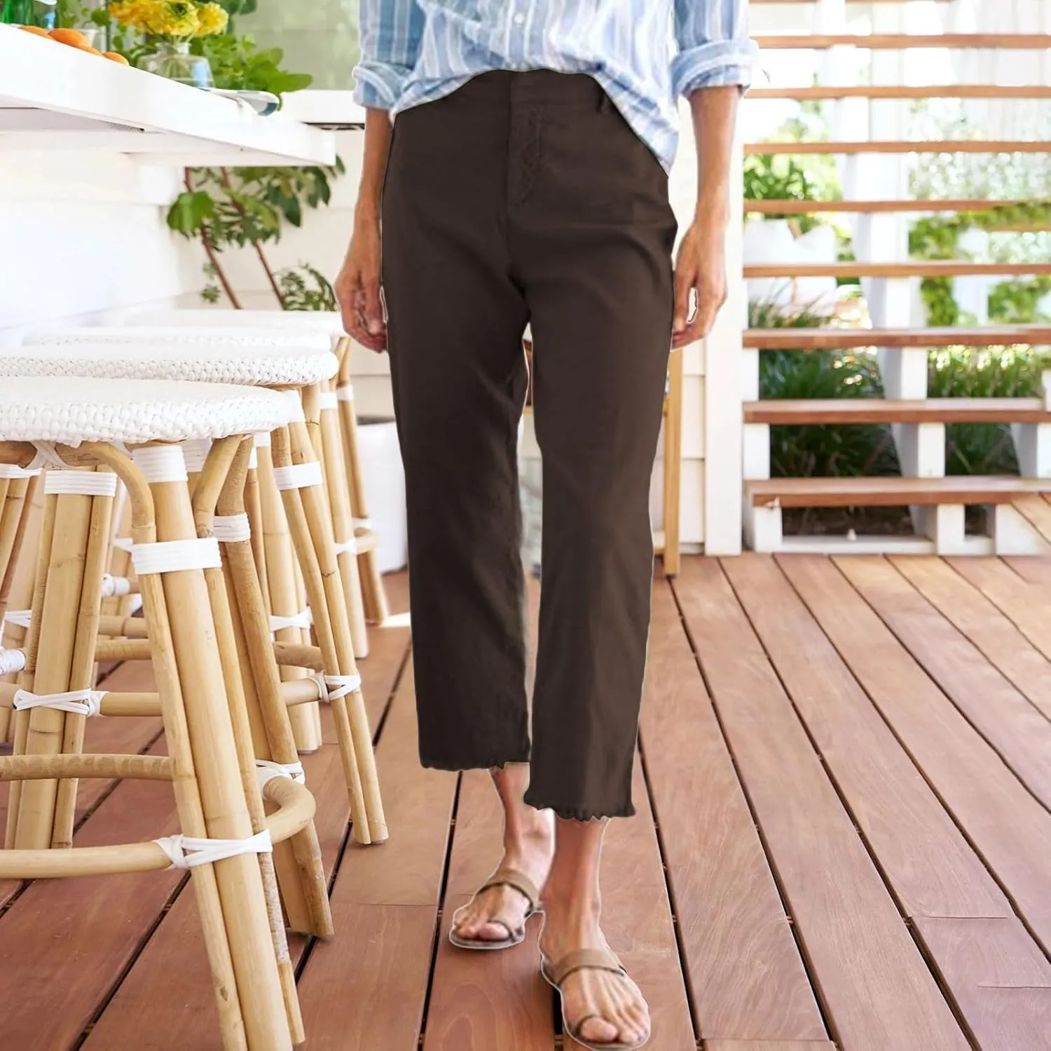 Cotton Linen Cropped Pants Women Straight Leg Capris Summer Business Casual Work Pants Ankle Length Chino Trousers