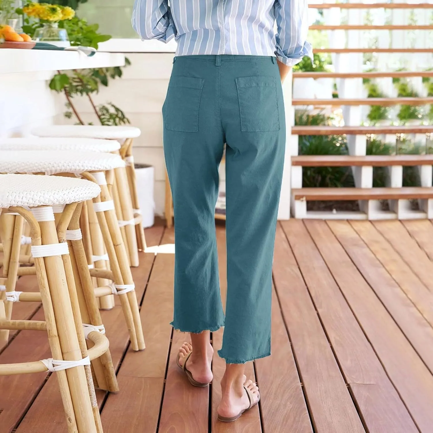 Cotton Linen Cropped Pants Women Straight Leg Capris Summer Business Casual Work Pants Ankle Length Chino Trousers