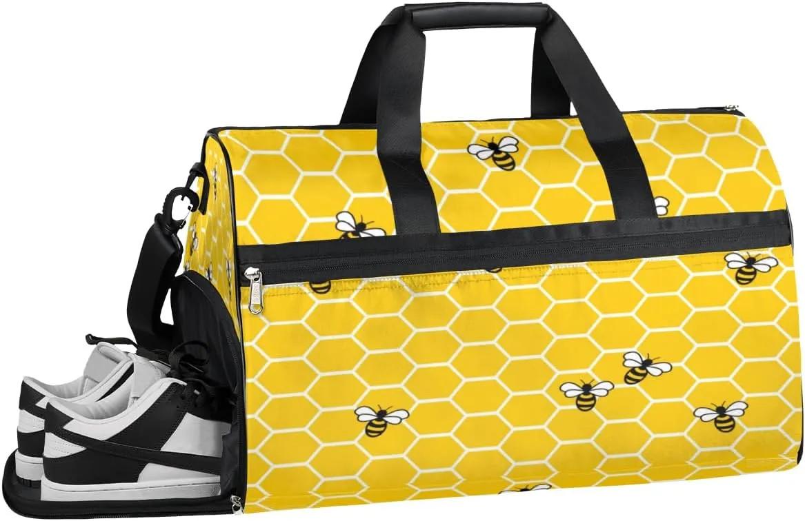 Cute Bee Sports Gym Bag with Wet Pocket & Shoes Compartment Waterproof Workout Duffel Bag for Women and Men Weekender Overnight Duffle Bag Travel Carry-on Tote