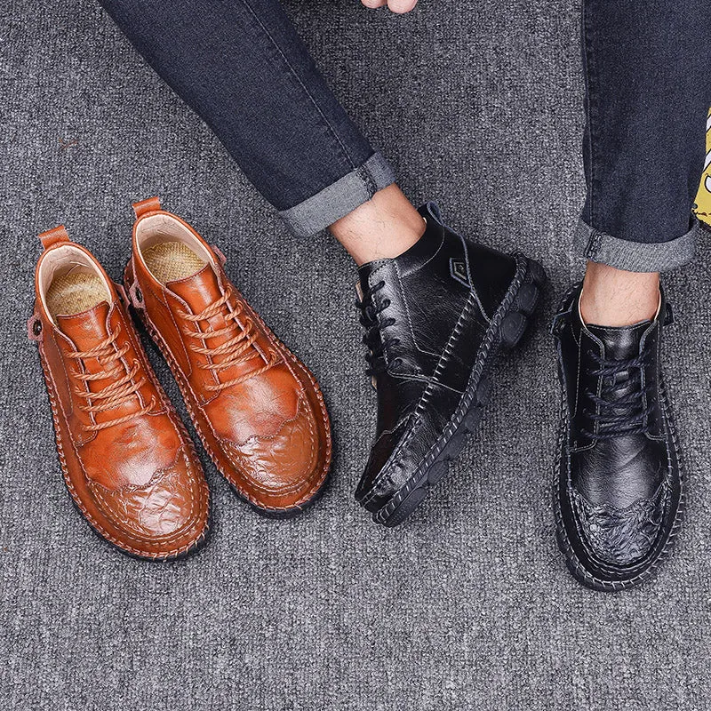 Cuzcare Men Leather Ankle Boots Round Toe Casual Orthopedic Shoes