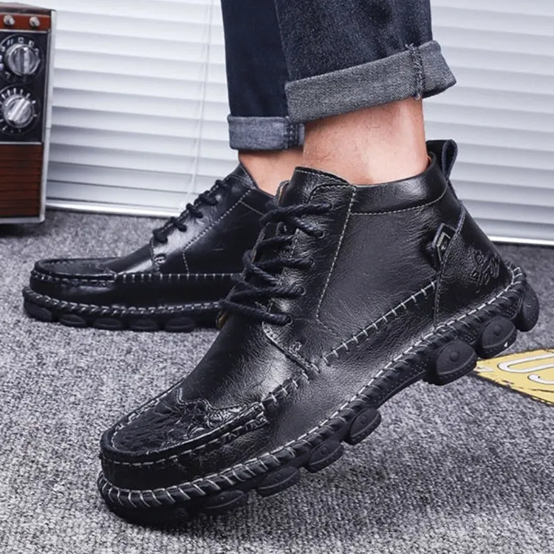Cuzcare Men Leather Ankle Boots Round Toe Casual Orthopedic Shoes