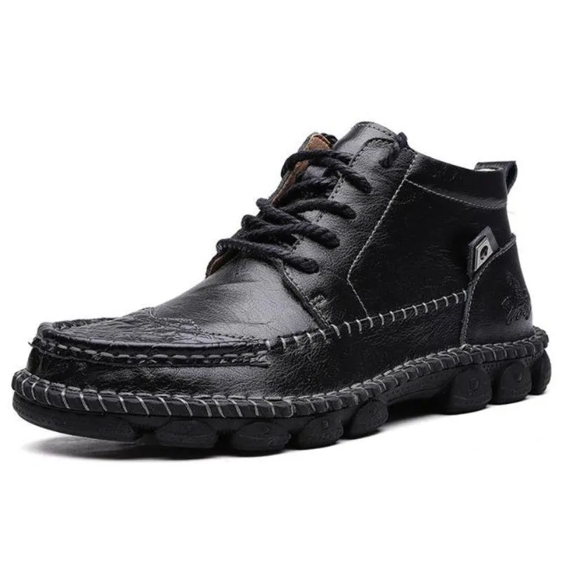 Cuzcare Men Leather Ankle Boots Round Toe Casual Orthopedic Shoes