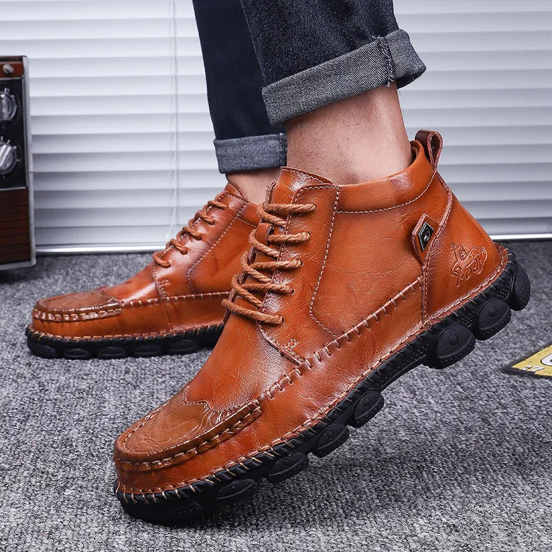 Cuzcare Men Leather Ankle Boots Round Toe Casual Orthopedic Shoes