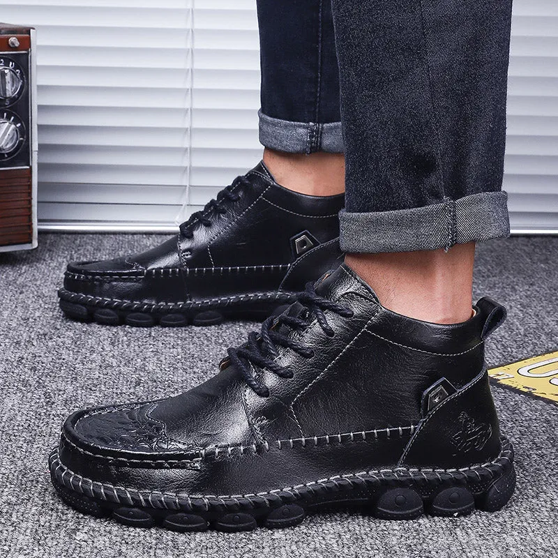 Cuzcare Men Leather Ankle Boots Round Toe Casual Orthopedic Shoes