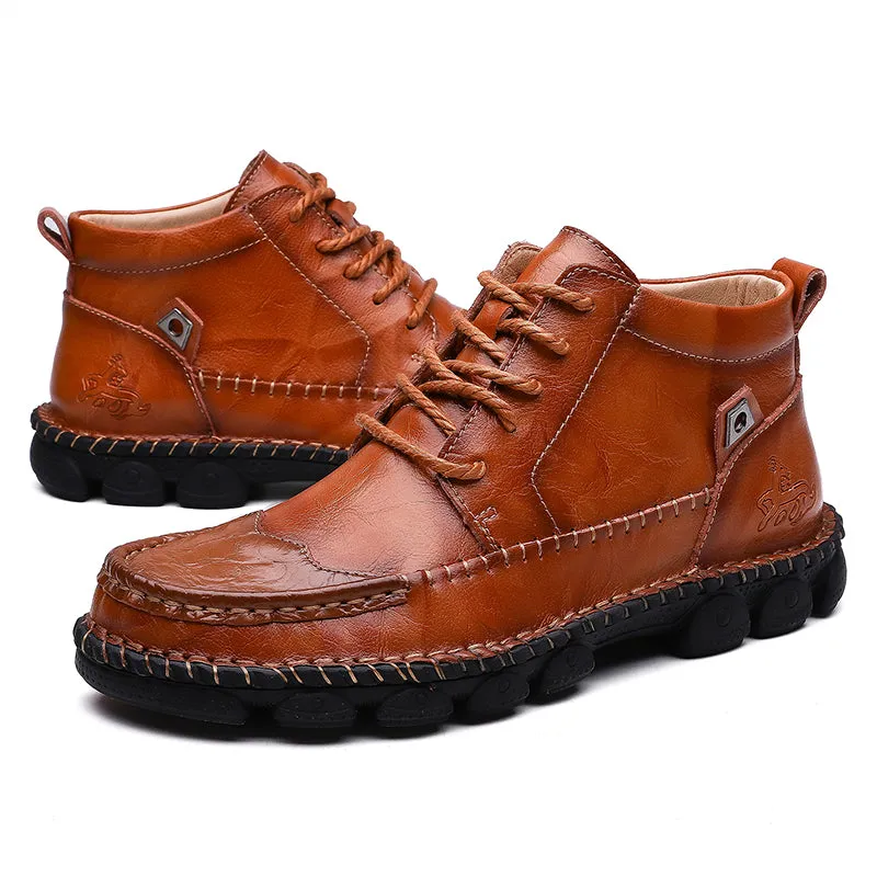 Cuzcare Men Leather Ankle Boots Round Toe Casual Orthopedic Shoes