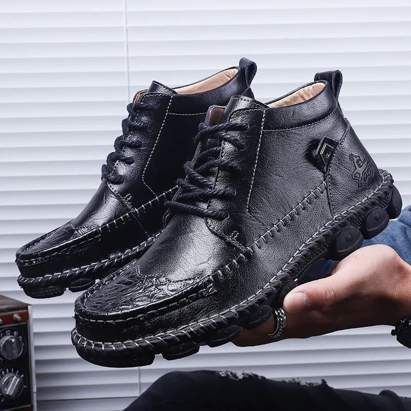 Cuzcare Men Leather Ankle Boots Round Toe Casual Orthopedic Shoes