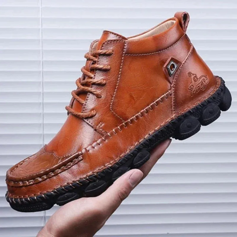 Cuzcare Men Leather Ankle Boots Round Toe Casual Orthopedic Shoes