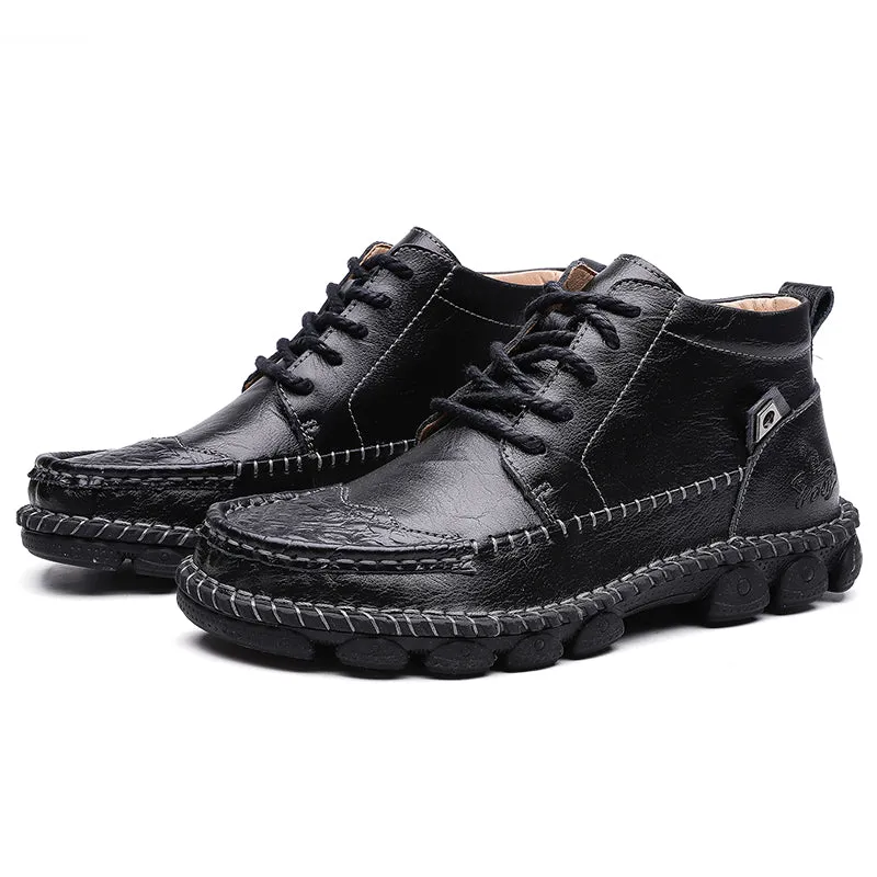 Cuzcare Men Leather Ankle Boots Round Toe Casual Orthopedic Shoes