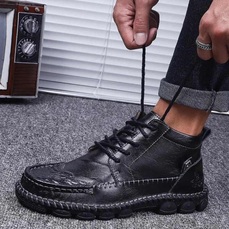 Cuzcare Men Leather Ankle Boots Round Toe Casual Orthopedic Shoes