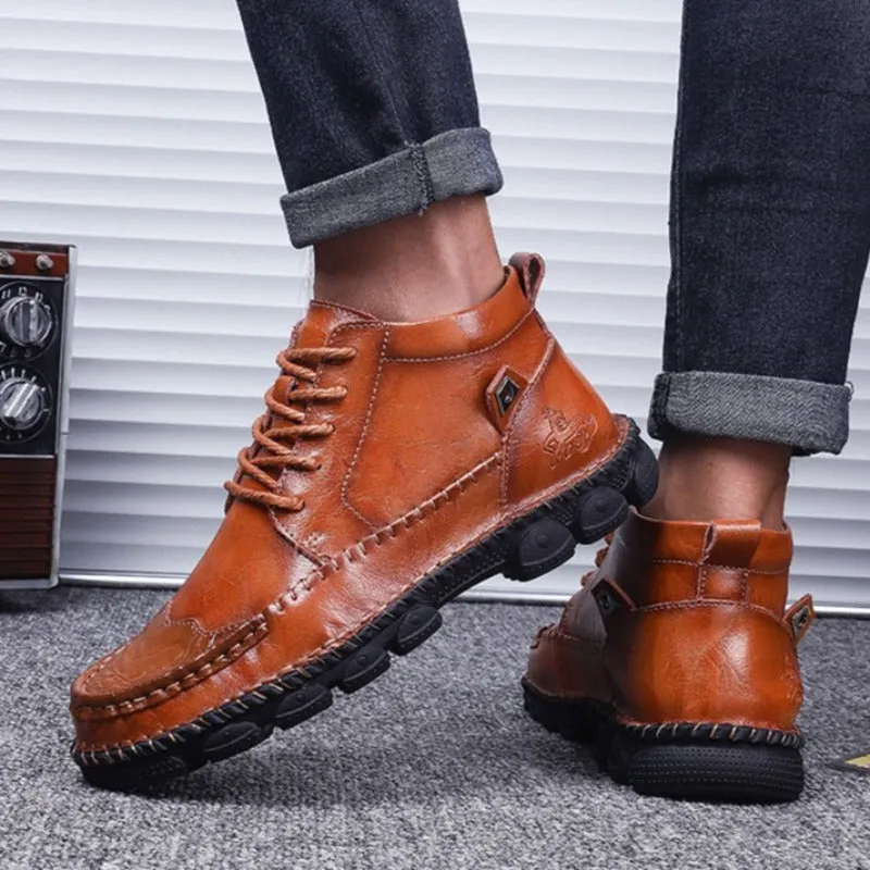 Cuzcare Men Leather Ankle Boots Round Toe Casual Orthopedic Shoes