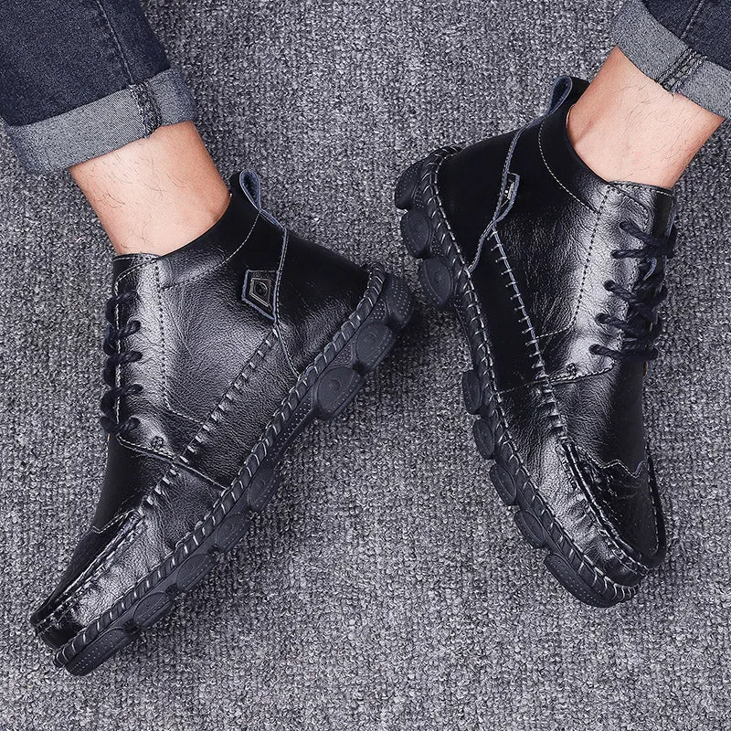 Cuzcare Men Leather Ankle Boots Round Toe Casual Orthopedic Shoes