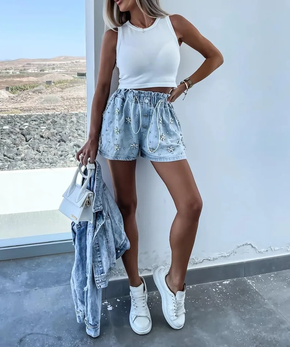 Denim Shorts for Women Stretchy High Waisted Drawstring Jean Shorts Heart Star Decor Y2K Trendy 2025