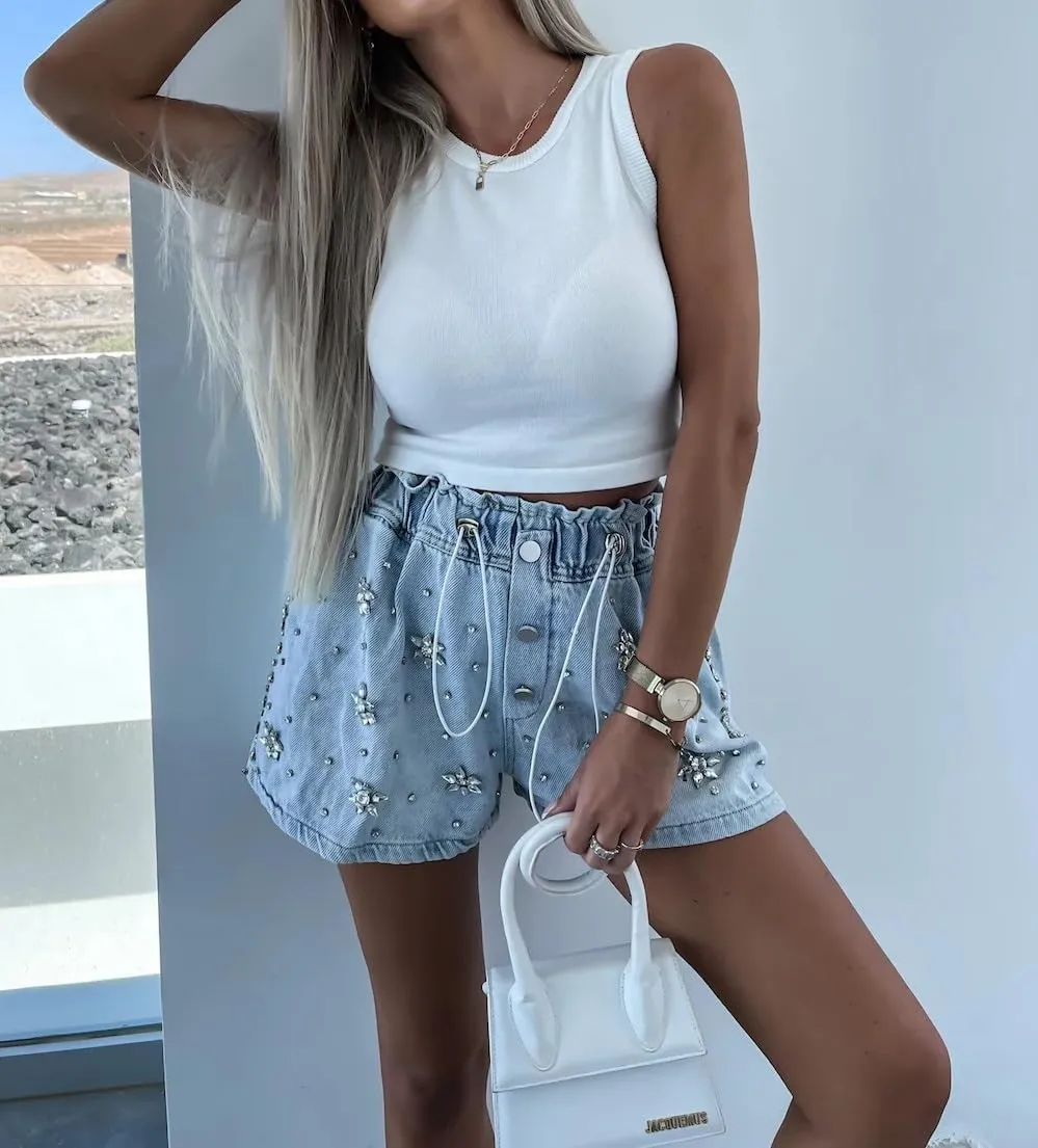 Denim Shorts for Women Stretchy High Waisted Drawstring Jean Shorts Heart Star Decor Y2K Trendy 2025