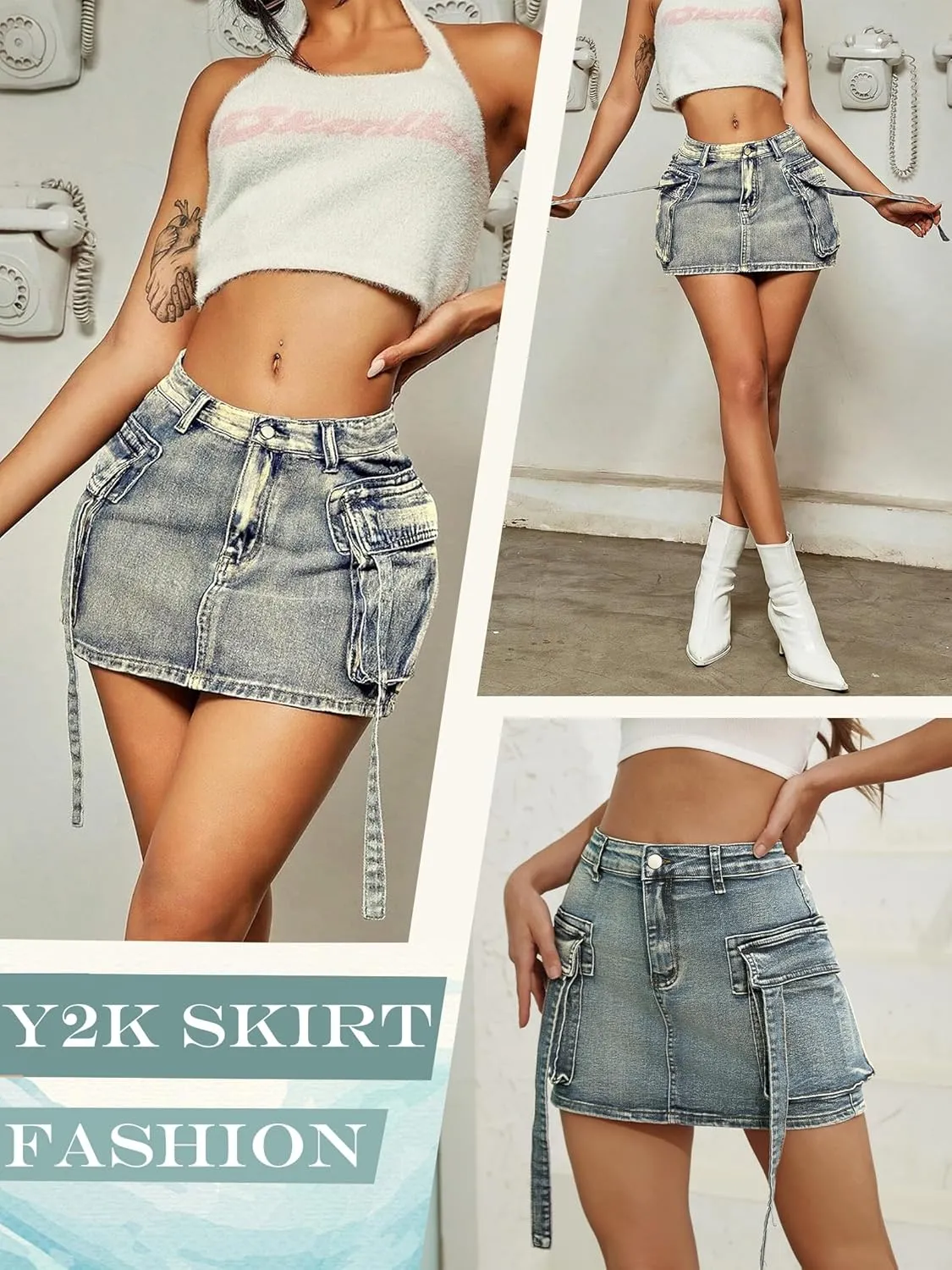 Denim Skirt y2k Button Mini Skirt Jean Skirt Cargo Skirts for Women with Pocket Low Waist