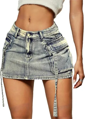 Denim Skirt y2k Button Mini Skirt Jean Skirt Cargo Skirts for Women with Pocket Low Waist