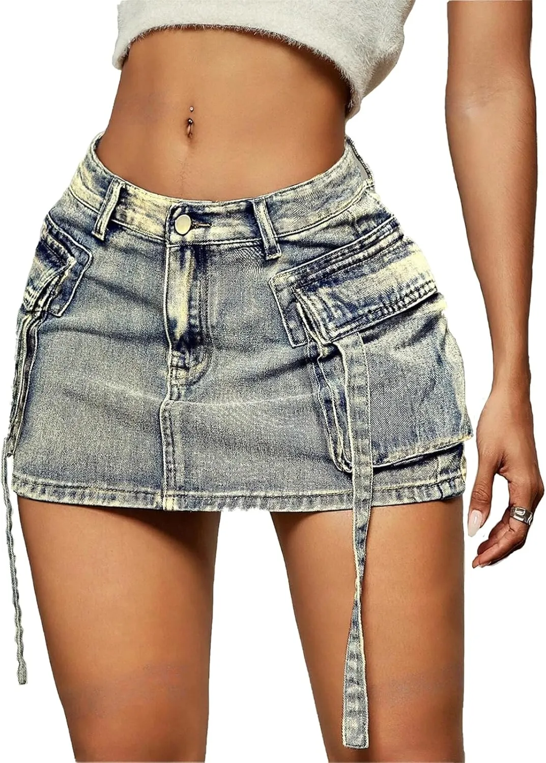 Denim Skirt y2k Button Mini Skirt Jean Skirt Cargo Skirts for Women with Pocket Low Waist