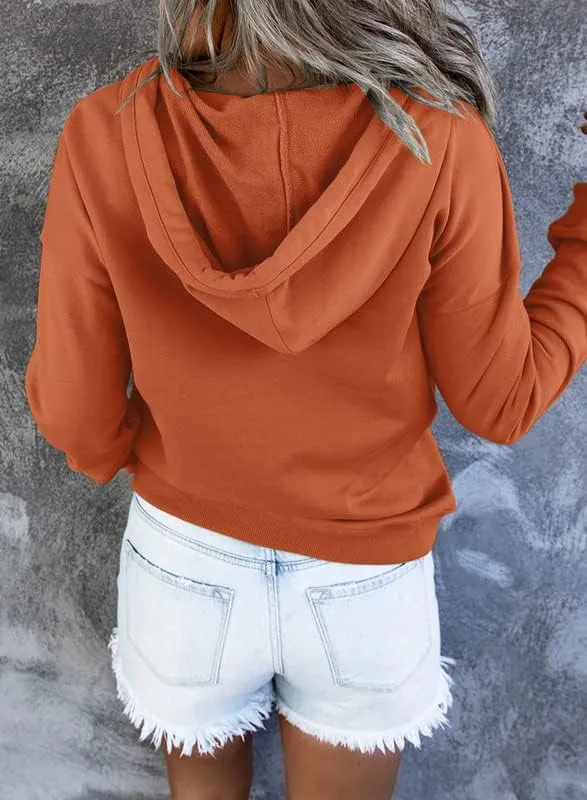 Dokotoo Womens 2025 Hoodies Button Collar Drawstring Hooded Pullover Sweatshirt Casual Long Sleeve Tops Shirts