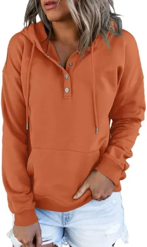 Dokotoo Womens 2025 Hoodies Button Collar Drawstring Hooded Pullover Sweatshirt Casual Long Sleeve Tops Shirts