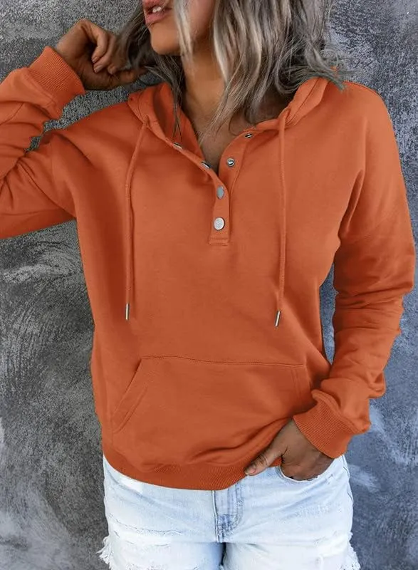 Dokotoo Womens 2025 Hoodies Button Collar Drawstring Hooded Pullover Sweatshirt Casual Long Sleeve Tops Shirts