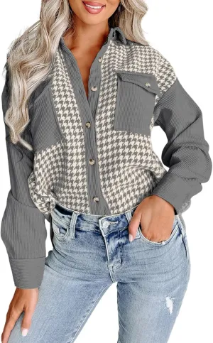 Dokotoo Womens Corduroy Color Block Button Down Shirts Casual V Neck Plaid Long Sleeve Oversized Blouses Tops