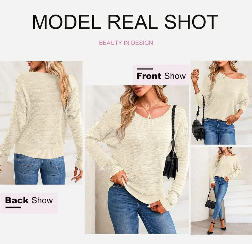Dokotoo Womens Ribbed Knit Textured Drop Shoulder Long Sleeve Crew Neck Pullover Sweaters