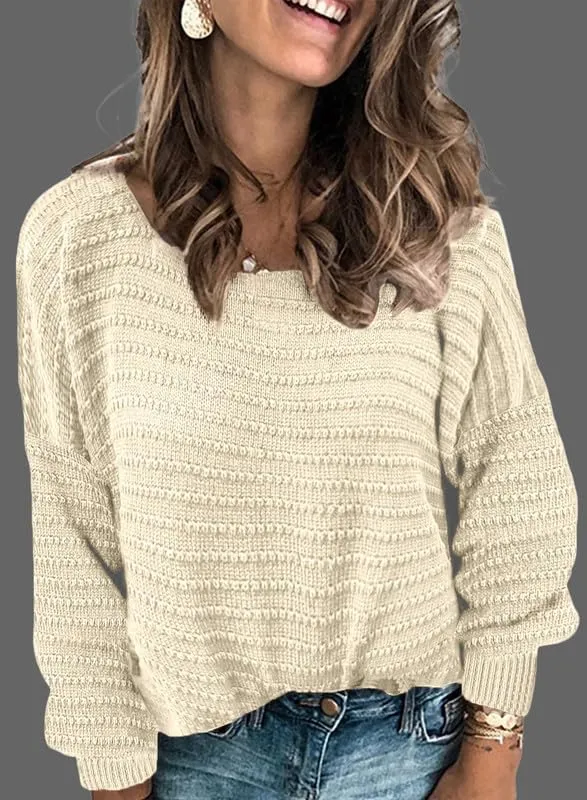 Dokotoo Womens Ribbed Knit Textured Drop Shoulder Long Sleeve Crew Neck Pullover Sweaters