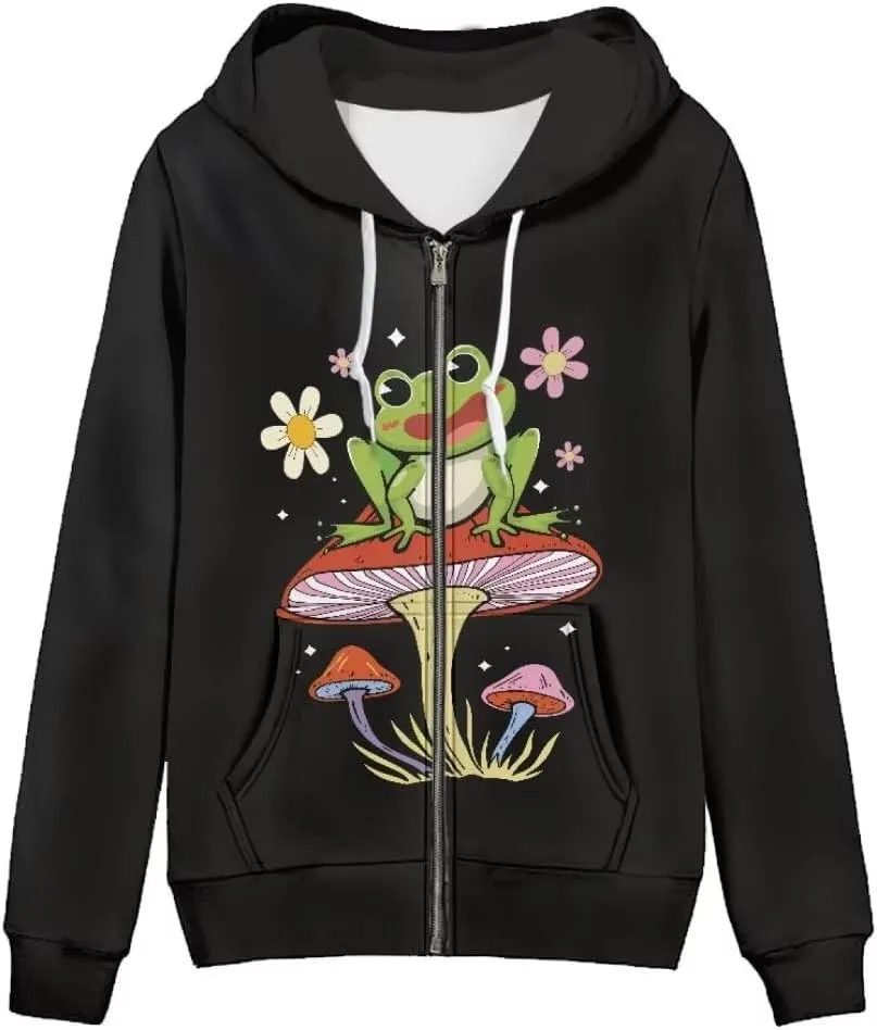 Drawstring Zipper Hooded Sweatshirt for Women Fall Fashion Street Loose Fit Long Sleeve Pullover Tops XS-5XL