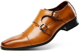 Dress Formal Shoes for Men Slip On Double Monk Strap Cap Toe Square Toe Leather Rubber Sole Block Heel Low Top Anti-Slip Walking (Color : Brown, Size : 8.5)