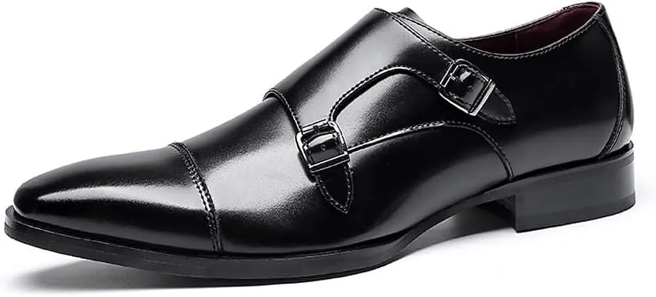 Dress Oxford for Men Slip On Double Monk Strap Cap Toe Leather Non Slip Low Top Anti-Slip Slip Resistant Casual