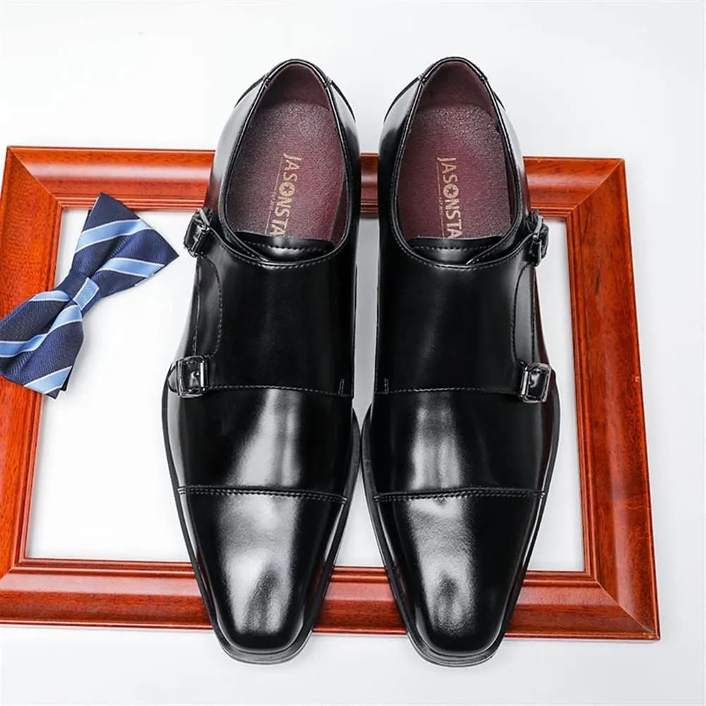 Dress Oxford for Men Slip On Double Monk Strap Cap Toe Leather Non Slip Low Top Anti-Slip Slip Resistant Casual