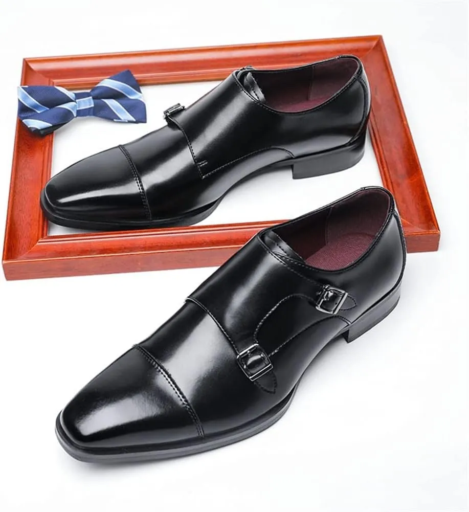 Dress Oxford for Men Slip On Double Monk Strap Cap Toe Leather Non Slip Low Top Anti-Slip Slip Resistant Casual