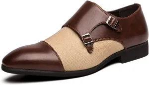 Dress Oxford for Men Slip On Double Monk Strap Two Tone Cap Toe PU Leather Anti-Slip Slip Resistant Block Heel Low Top Non Slip Walking (Color : Brown, Size : 6.5)