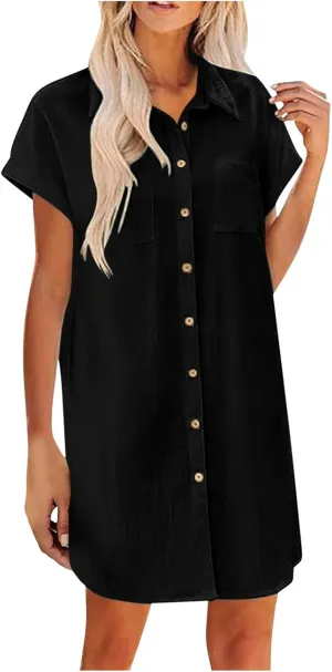 Dresses Women Plus Size Summer Button Shirt Dress Lapel Cotton and Linen Mini Dress Short Sleeved Lapel Dress