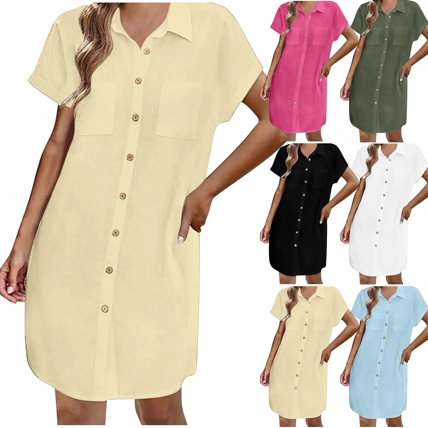 Dresses Women Plus Size Summer Button Shirt Dress Lapel Cotton and Linen Mini Dress Short Sleeved Lapel Dress