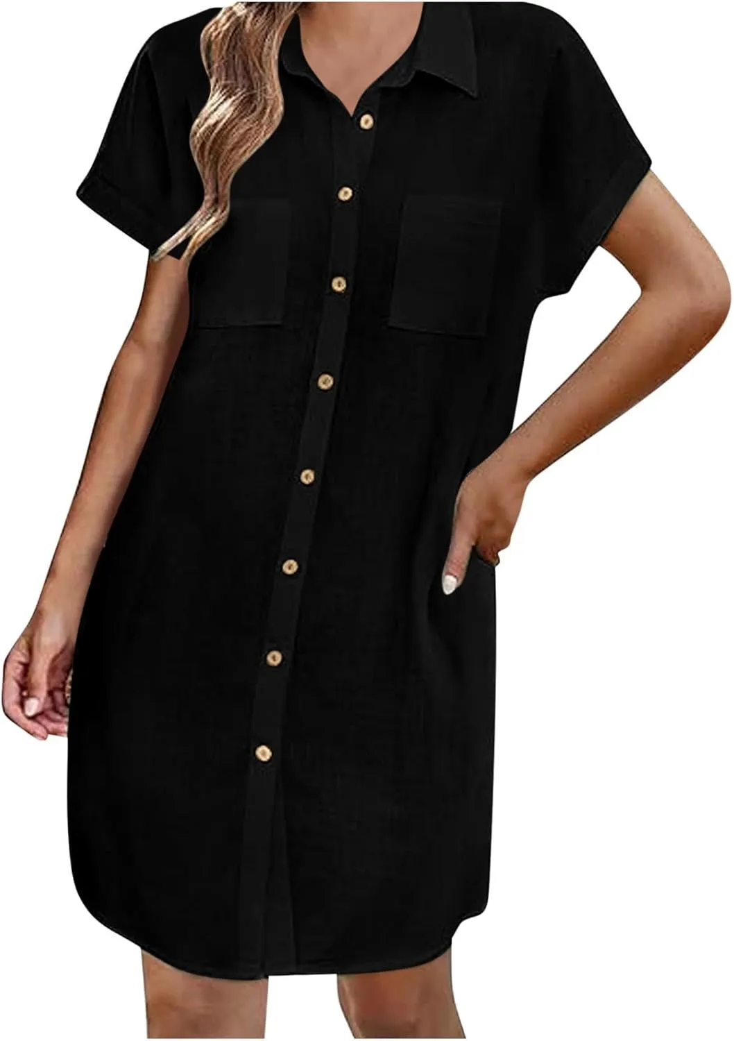 Dresses Women Plus Size Summer Button Shirt Dress Lapel Cotton and Linen Mini Dress Short Sleeved Lapel Dress