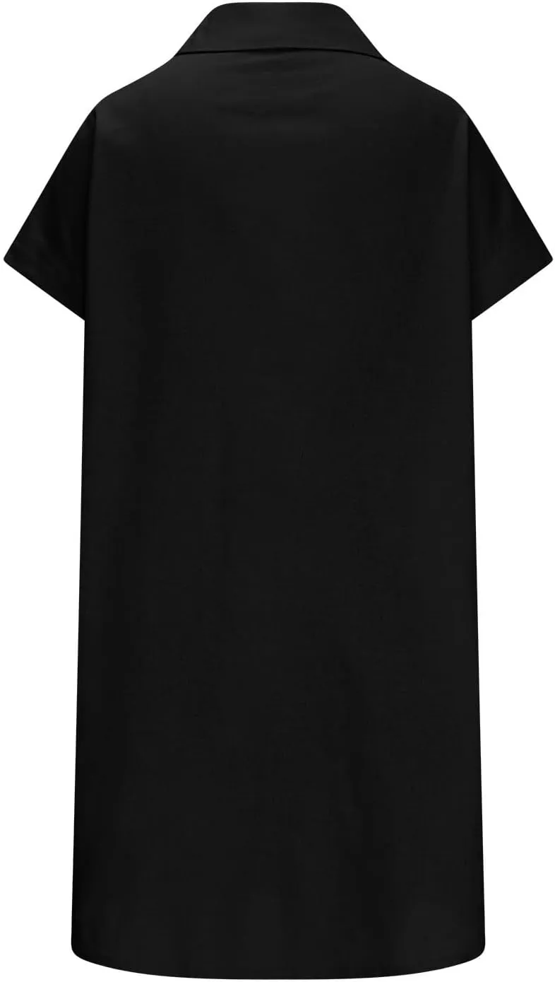 Dresses Women Plus Size Summer Button Shirt Dress Lapel Cotton and Linen Mini Dress Short Sleeved Lapel Dress