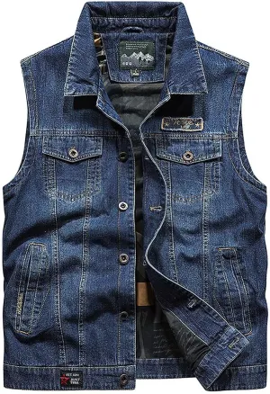 ebossy Men's Vintage Distressed Denim Vest Casual Sleeveless Relaxed Fit Trucker Washed Jean Jacket Outwear with Lining